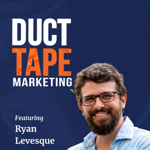 Ryan Levesque, founder of the ASK Method, smiling in a light blue plaid shirt on a navy background beside the Duct Tape Marketing logo. Episode: What Should You Automate With AI, and What Should Stay Human? featuring guest Ryan Levesque and host John Jantsch on the Duct Tape Marketing Podcast.